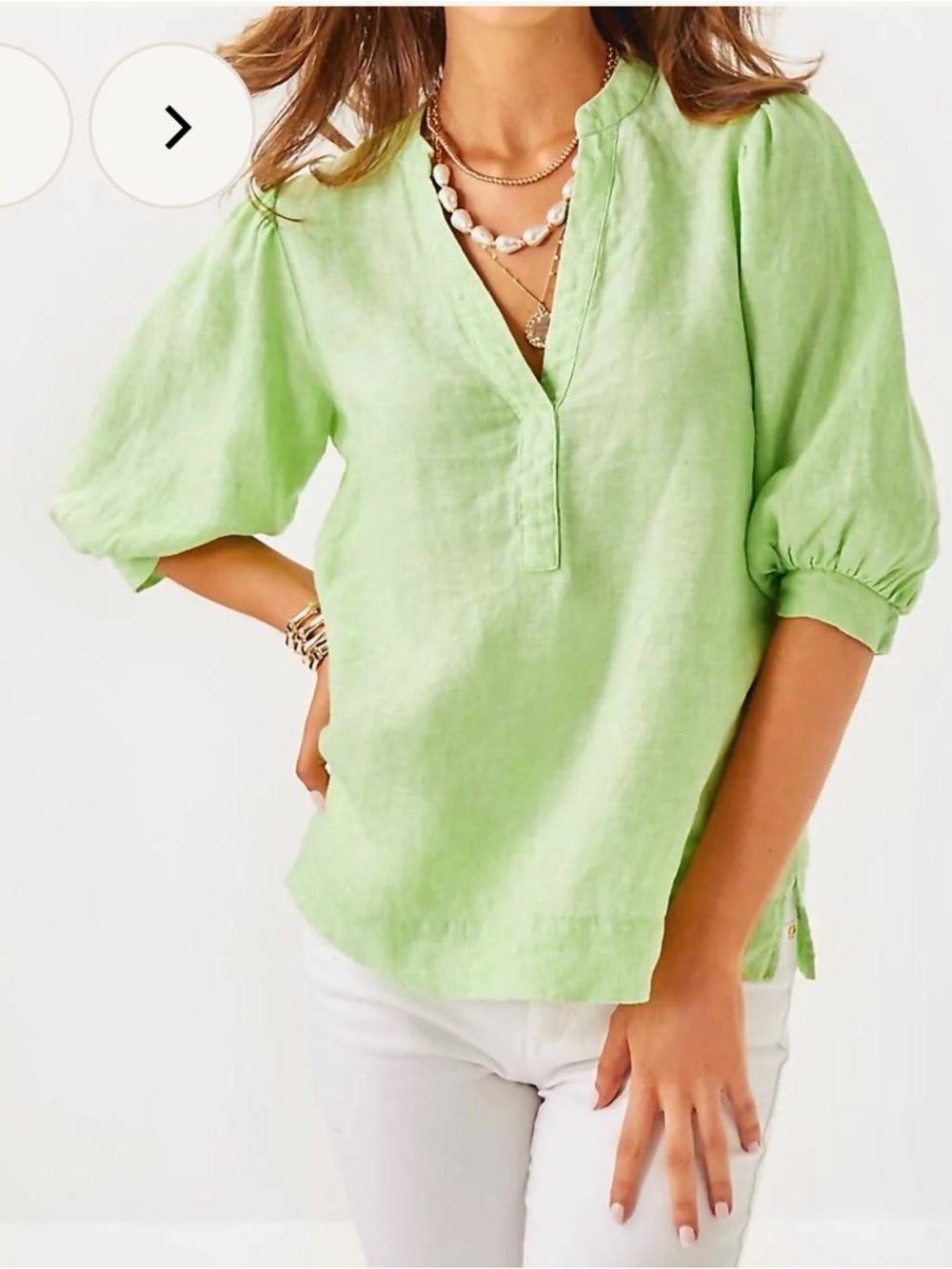 Lilly Pulitzer, NWTs jade lime 🍋🟩 Women's Linen Split-Neck Blouse size 4 - Picture 2 of 5